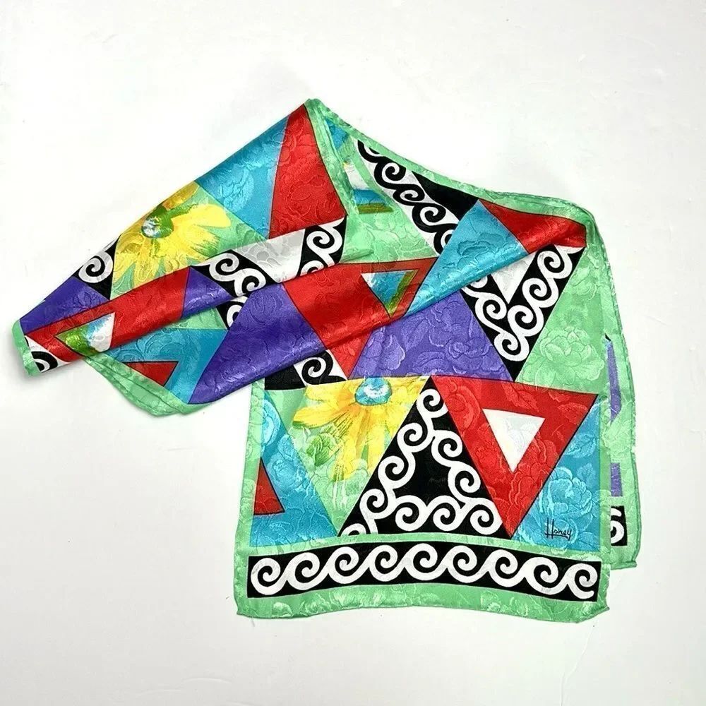 HONEY Silk Rectangle Scarf Colorful Geometric Pattern - Picture 3 of 7